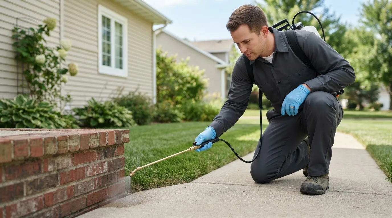 Pest control technician treating a home near Bauxite, AR